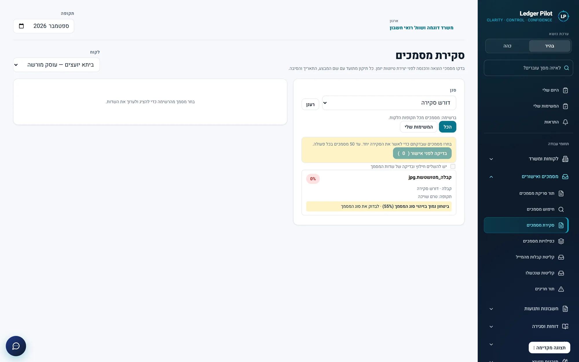 מסך סקירת מסמכים: רשימת מסמכים שדורשים סקירה, ועל קבלה אחת תווית אדומה של אפס אחוז ביטחון והסבר שסוג המסמך זוהה בביטחון נמוך